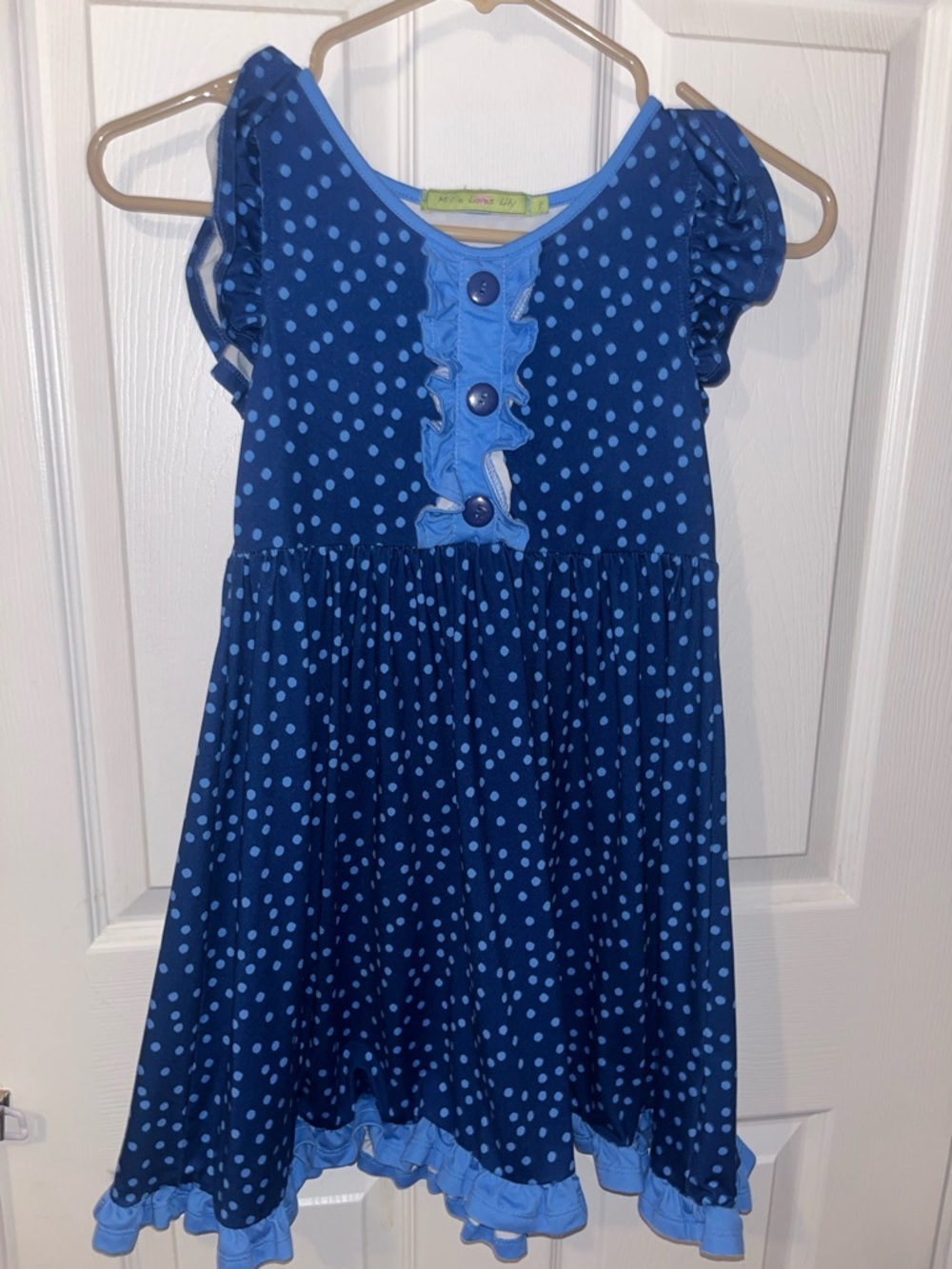 Blue Polka Dot Ruffle Button-Front Girls Dress